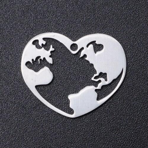 5pcs/lot 100% Stainless Steel World Map Heart Charms Wholesale Top Quality DIY Necklace Bracelet Making Charms