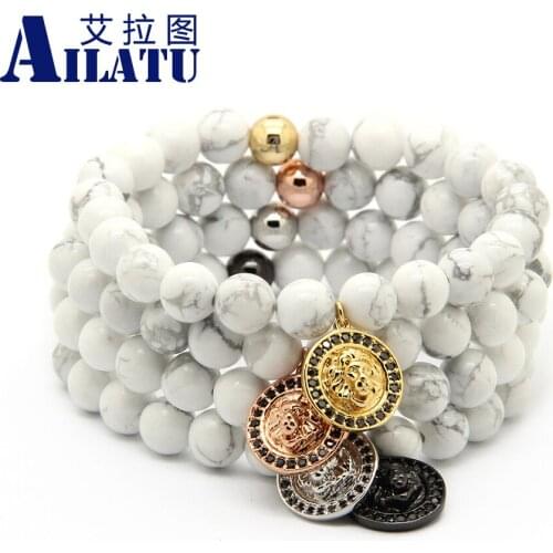 Ailatu White Howlite Marble Beads with Copper Micro Paved Black Zircons Cz Bead New Lion Head Charm Beaded Bracelet Animal Shape