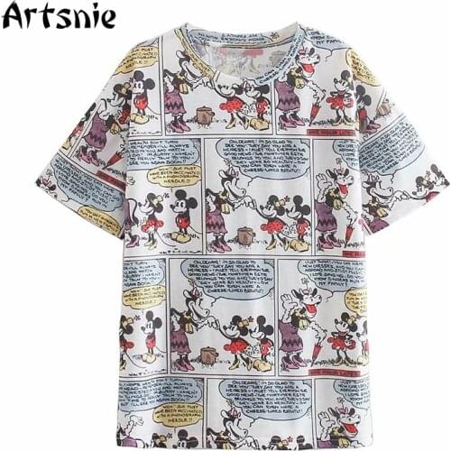 Artsnie Summer 2021 Mickey Mouse T Shirt Women Disney O Neck Short Sleeve Tops Streetwear Casua White Knitted Ladies T-shirts