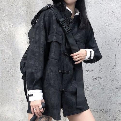 Long Sleeve Gothic Blouse Punk Hip Hop Korean Streetwear Pocket Button Vintage Print Graffiti Harajuku Shirt Top Blusa