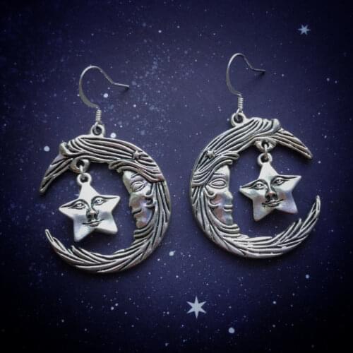 Large Moon Earrings, Star Face Earrings,Dangling Earrings,Celestial Jewellery,Star&Moon Jewelry,Boho Gift