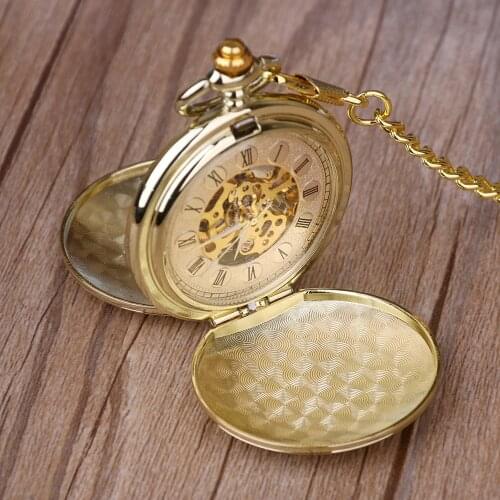 New 6 pieces Golden Pocket&Fob Watches Full Double Hunter Mechanical Pocket Watches Engraved Men Women Pocket Watch Chain