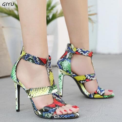 GIYU 2021 Spring Color Sexy Beauty Snakeskin High Heel T-Strap Roman Sandals 2 Colors Size 35-40 Open Toe Female Sandals