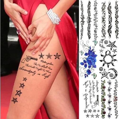 Sexy Star Poem Temporary Tattoos For Women Adults Realistic Indian Tribal Sun Moon Gun Rose Fake Tattoo Sticker Thigh Tatoos