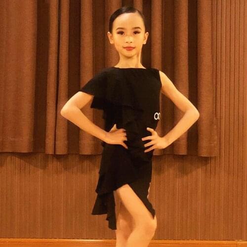 Summer Latin Dance Dress Sleeveless Girls Dance Wear Black Ruffle Practice Dress Latin Competition Clothing Samba Costume BL5604