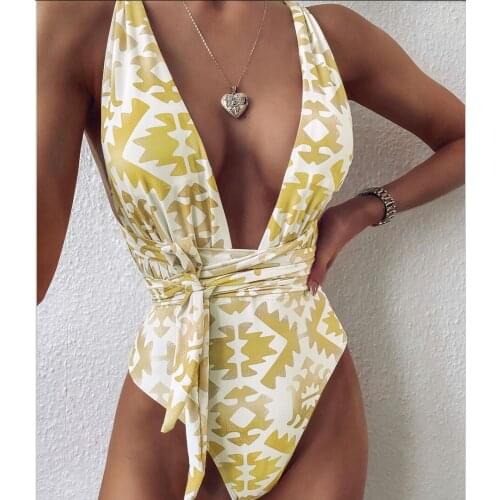 Fashion Swimsuit Leaves Print One Piece Push Up Female Deep V-Neck Bikini 2021 Bandage Bathing Monokini Swimwear