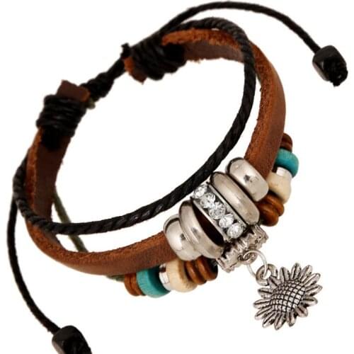 Fashion Vintage Sunflower Leather Cuff Bracelet Multilaye Rhinestone Beads Charm Adjustable Wristbands Wrap Bangle Women Jewelry