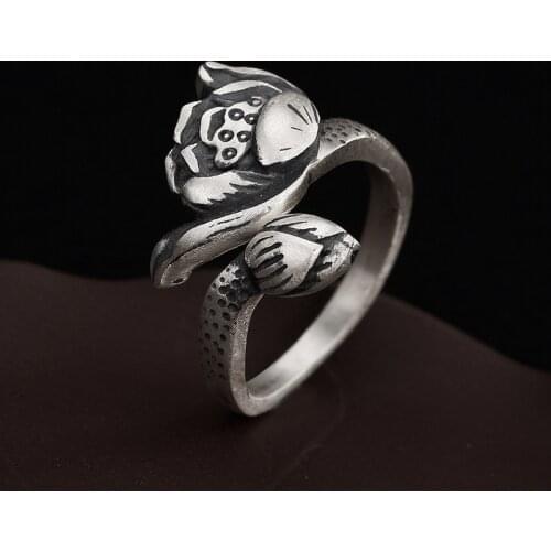 Natural 999 sterling silver retro matte lotus for women rings resizable sterling silver rings sterling silver 999 sterling