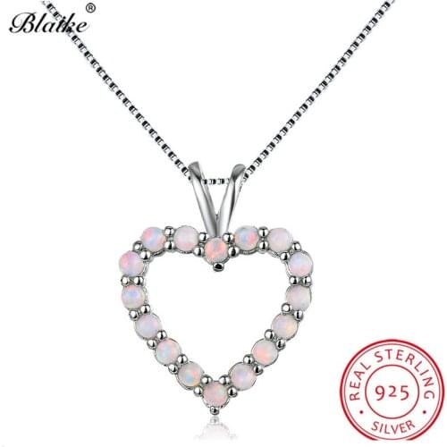 Blaike White Fire Opal Heart Pendant Necklaces For Women 925 Sterling Silver Hollow Small Rainbow Stone Birthstone Choker Gifts