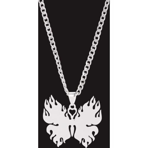 Punk Harajuku HipHop Flame Butterfly Pendant Necklace Unisex Stainless Steel Jewelry for Men Women Cool Party Gift Wholesale