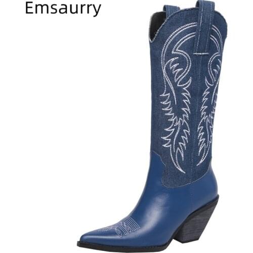 Sexy Embroidery Denim Cowboy Boots Women Block Heel Pointed Toe Sewing Real Leather Knee High Booties For Woman