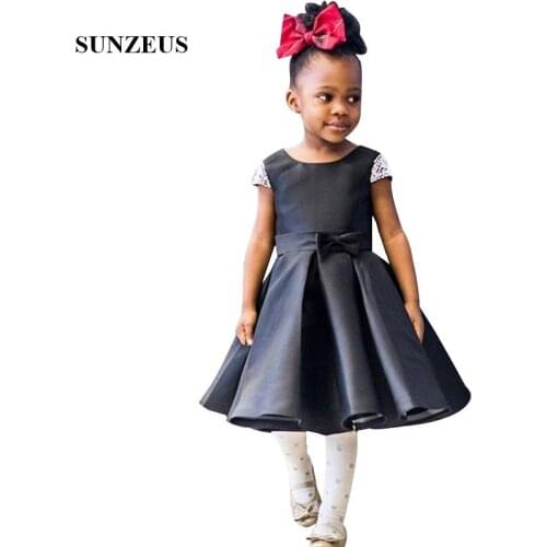 Tea Length Black Satin Children Party Dress Beaded Cap Sleeves Flower Girl Dresses Kids Prom Gowns 2019