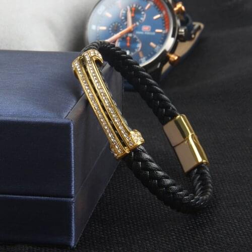 Weaved Genuine Leather Rope Wrapping Special Style Classic Stainless Steel Mens CZ Bracelet Customization DIY Design Bangle