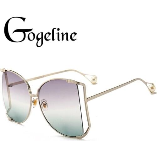 Sunglasses Women 2020 Pearl Gradient Oversized Brand Designer Half Frame Female Sun Glasses Metal UV400 Clear Shade Sunglasses