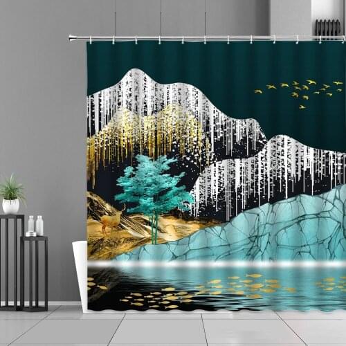 Modern Nordic Shower Curtain Golden Bird Fish Deer Tree Landscape Abstract Pattern Home Decor Waterproof Bathroom Curtains Hooks