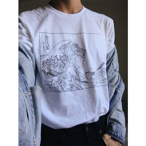 Kuakuayu HJN Unisex Vintage Fashoin Hokusai Wave Outline T-Shirt Tumblr Grunge White Graphic Tee Cute Summer Tops