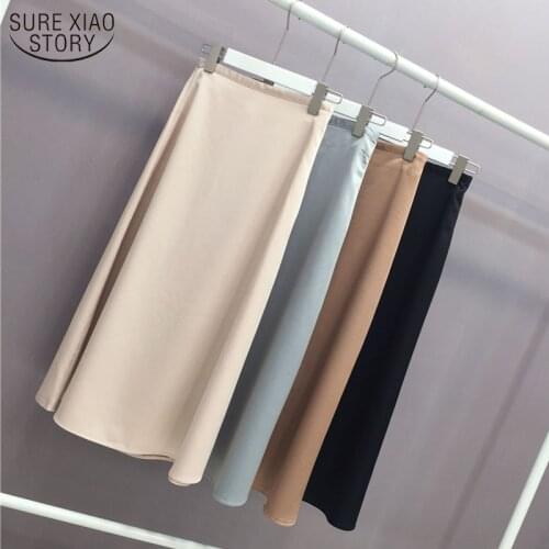 Women A-line Midi Skirt Zipper Vintage High Waist Wild Slim Hip Skirts 2021 New Spring and Summer Solid Silk Fabrics Skirt 9645