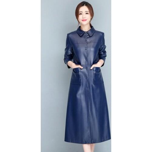 Women Soft Long Leather Jacket 7XL New Ladies Elegant Fur Collar Washed PU Leather Coats Trench Female Faux Sheepskin Outerwear