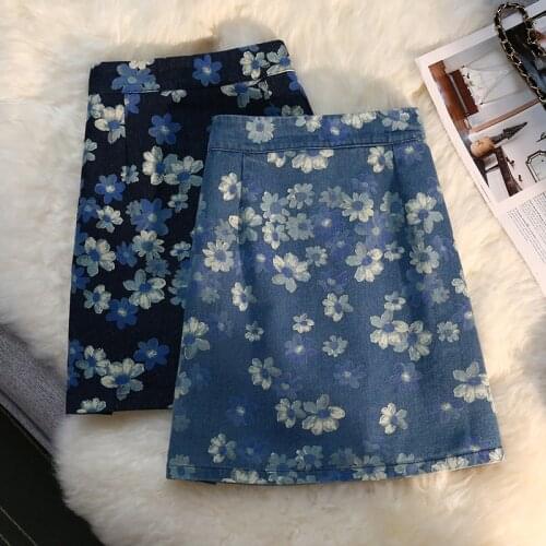 Floral Denim Mini Korean Fashion Style Autumn Summer Skirts For Vintage Kawaii WomenS 2021 Clothes High-Waisted Skirt Harajuku