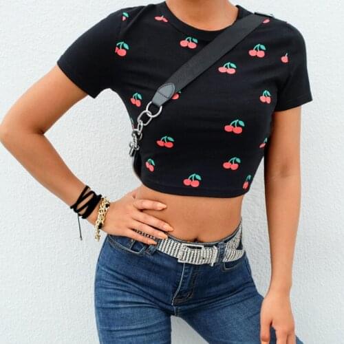 Women Cherry Print Streewear Style Short Sleeve T-shirt 2021 Summer Fashion Ladies Round Neck Slim Plus Size Crop Tops