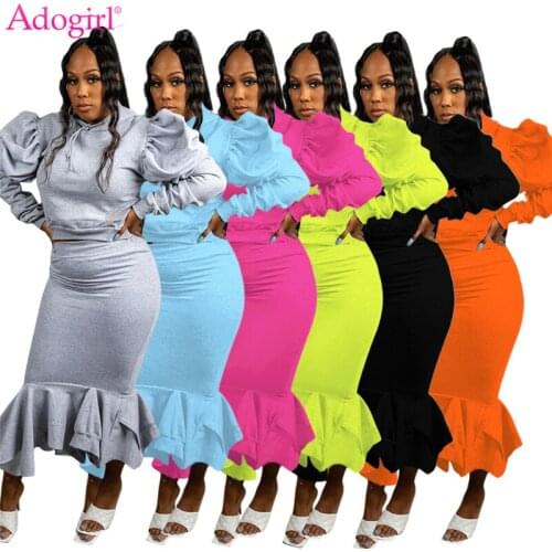 Adogirl Women Thick Casual Two Piece Set Dress Pleated Long Puff Sleeve Fleece Sweatshirts Top Ruffle Bodycon Maxi Skirt Suit