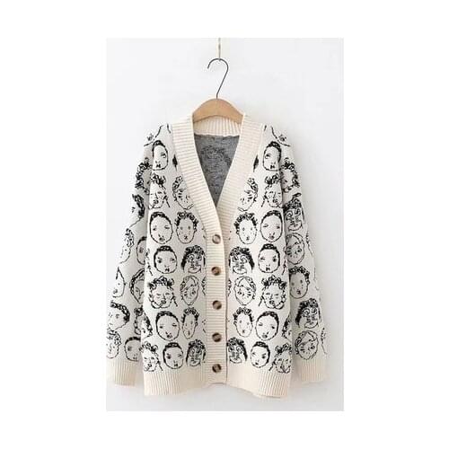 Harajuku Comic Oversized Cardigan Women Autumn Casual Buttons Long Sleeve Sweater Coat Loose V-neck Knitted Jacket Female Jumper