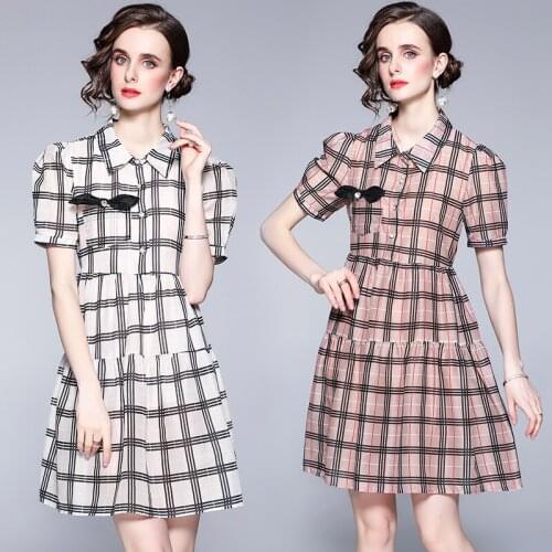 2021 Womens Summer Dress French Court Style Lapel Plaid Diamond Bow Puff Sleeve Short Dress New Female Dresses X476