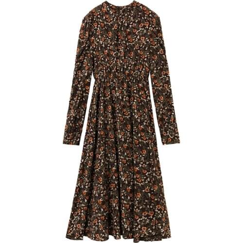 PERHAPS U Woman Elegant Black Brown O Neck Floral Print Chiffon Long Sleeve Knee Length Dress A-line Chic Vintage D2106