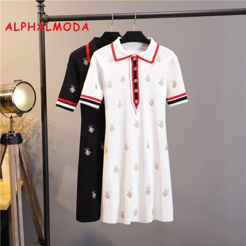 ALPHALMODA 2019 Summer Vogue Fashion Embroidery Bees Knitting Dress Polo Collar Short-sleeved Stylish Trendy Embroidered Vestido