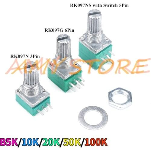 10pcs RK097N RK097G RK097NS 15mm Audio Amplifier Sealed Single Dual Potentiometer B5K B10K B20K B50K B100K 3/5/6 pins