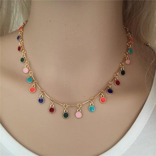 2020 Trendy Women Fashion Necklace Gold Color Stick Linked Colorful Enamel Disk Charm Necklace for Bohemia Fashion Gift