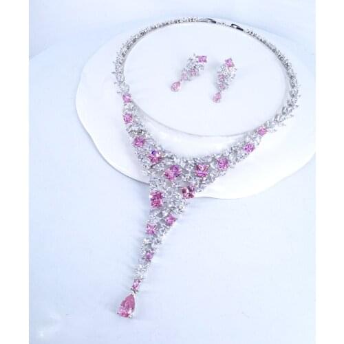 2021 new fashion luxury v style pink CZ zircon necklace earring set,wedding bridel dinner banquet dress jewelry free shipping