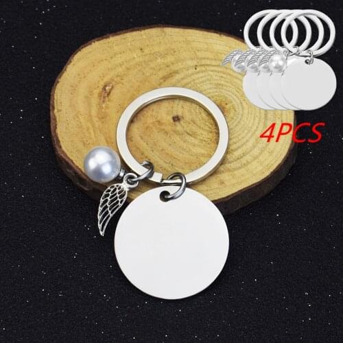 4pcs/set Diy Blank Keychain with Pearl and Angel Wings Pendant Handmade Keychain Base for Engraved Letter Key Chain Accessories