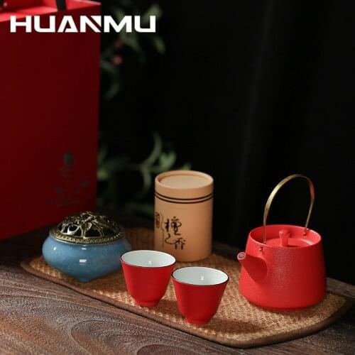5Pcs/Set Ceramic Chinese Tea Set with Incense Burner Drinkware Tea Mugs 1 Teapot 2 Cups Creative Gift Чайный набор