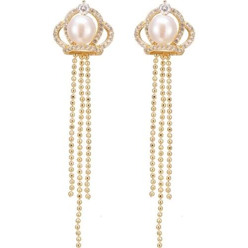 Bettyue New Fashion Design Gold Color Pearl Within Crown Shape Long Tassels Elegant Style Dangle Earring For Women Nobler Gifts
