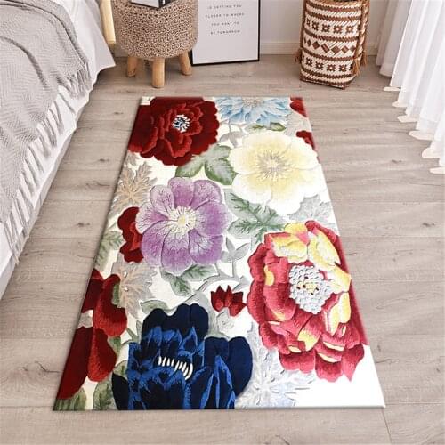 Chinese Style Colorful Big Flower Floor Mat Bedroom Non-slip Flannel Kitchen Mat Washable Soft Mat For Hallway Decoration Home