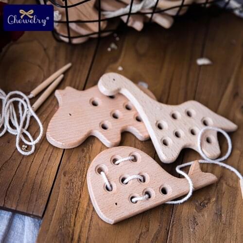 Wooden Kindergarten Mouse Threading Board Lacing Beech Wooden Sewing Toys Dinosaur Button Beaded Blocks For Boys Girls Products