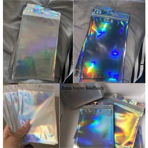 Hot!10pcs Iridescent Zip lock Pouches Cosmetic Plastic Laser Holographic Zipper Bags Self Seal Envelopes Gift Bags