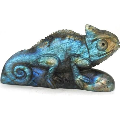 Chameleon Natural Gemstone Labradorite Lizard Carved Animal Statue Decor 4.17"