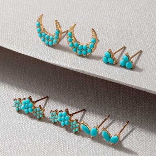 HuangTang 4pair/set Boho Green Stone Moon Earrings Sets for Women Trendy Cute Small Flower Stud Earrings Statement Beach Jewelry