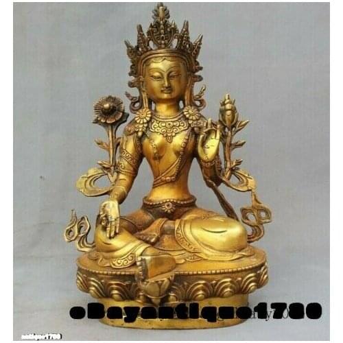 Antique Bronze Buddha green tara Statue old Buddhism gilt GuanYin Bodhisattva