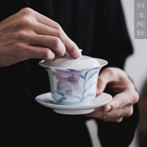 Of the jingdezhen to have three field burning hand-painted lily to tureen kung fu tea set manually tureen tea bowl