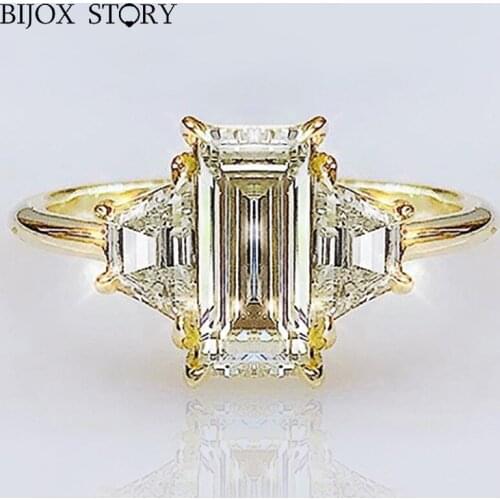 BIJOX STORY Classic Ring with 5*10mm Rectangle Zircon Gemstones 925 Silver Jewelry Gold Color Ring for Women Wedding Engagement