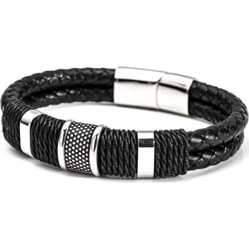 Punk Bracelet Hand Weave Black Leather Rope Chain Stainless Steel Magnetic Bangles Mens Bracelets Friendship Gift