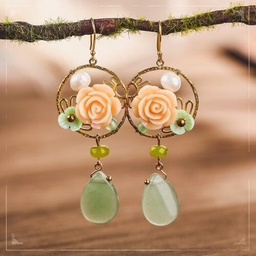 National wind earrings female personality temperament circle earrings retro rose sage ancient wind super fairy atmospheric ear j