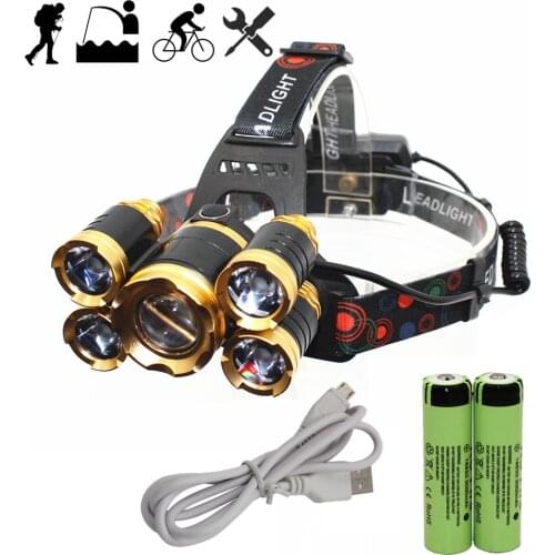 USB Rechargeable Headlamp Zoom Headlight Zoomable Head Lamp 5 LED T6 Q5 Flashlight Lanterna + 18650 Battery + USB Charger line