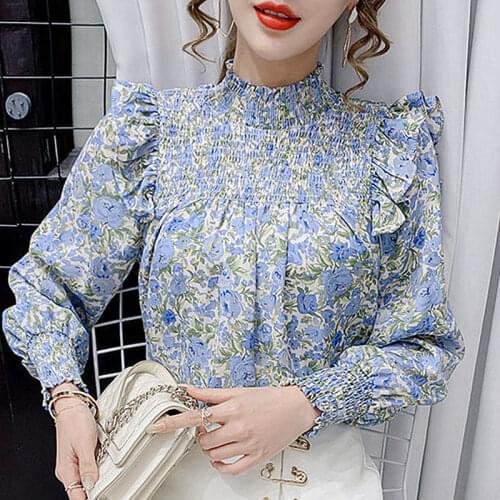 2021 spring and autumn new super fairy floral chiffon shirt blouse ruffled pleated shirt design niche fashion casual shirt