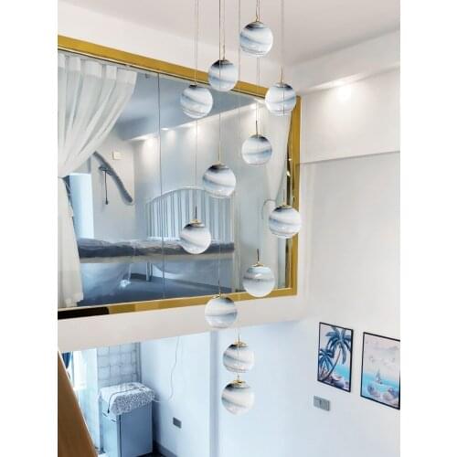 New Product Modern Stair Long Chandelier Duplex Building Living Room Nordic Light Luxury Glass Wandering Earth Chandelier