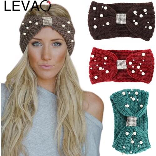LEVAO Autumn And Winter Models Knitted Pearl Headband Rhinestone Knotted Wool Warm Turban Women Hairbands Girls Hair Accessories