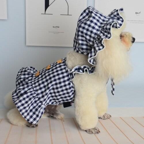 Cute Dog Dress with Hat Summer Cat Dog Dresses Plaid Skirt Outdoor Travel Pet Clothing with Cap Puppy Yorkshire Pug Dog Clothes